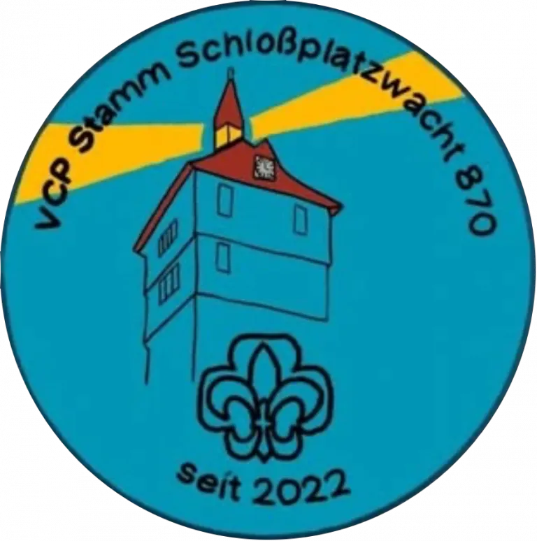 Logo VCP Stamm Schloßplatzwacht 870: Turm mit rotem Dach und Pfadfinderlilie, Schriftzug „seit 2022“