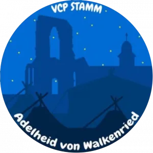 Logo VCP Stamm Adelheid von Walkenried: Klosterruine und Zelte als Silhouette unter Sternenhimmel