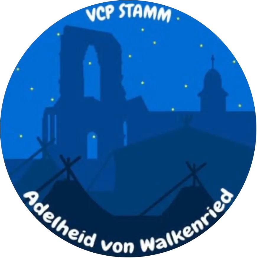 Logo VCP Stamm Adelheid von Walkenried: Klosterruine und Zelte als Silhouette unter Sternenhimmel